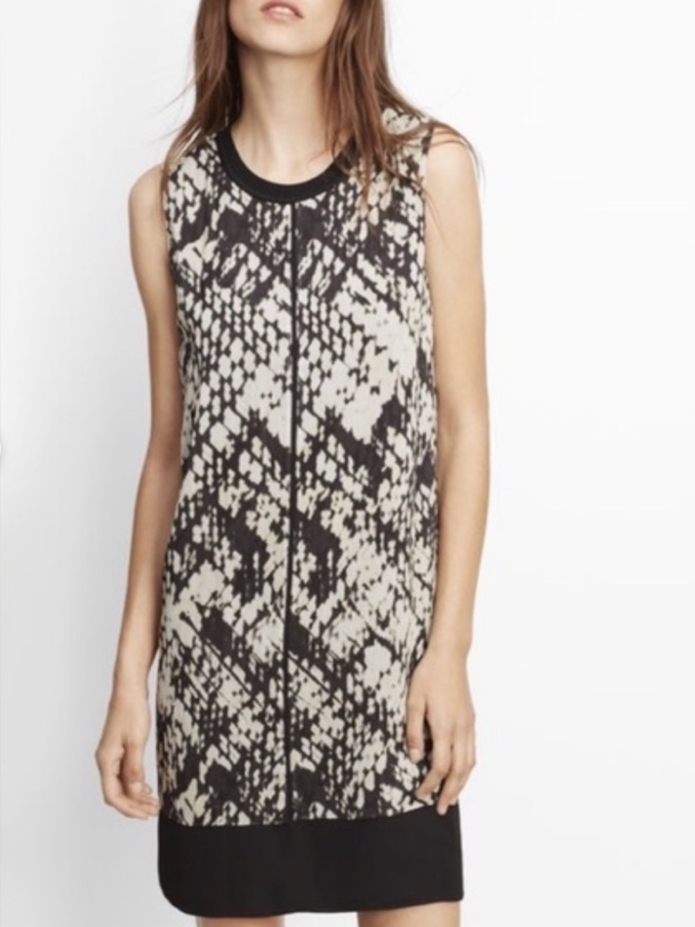 Vince Basketweave Print Silk Double Layer Black & Cream Sleeveless Dress